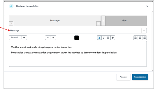 Contenu de cellule pour message window