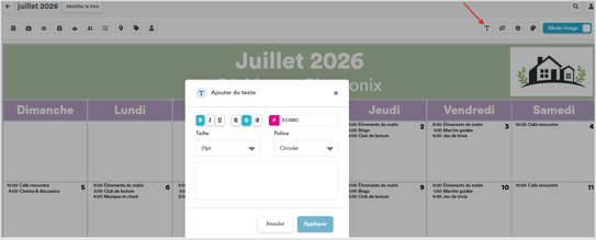 Text box button in calendar print