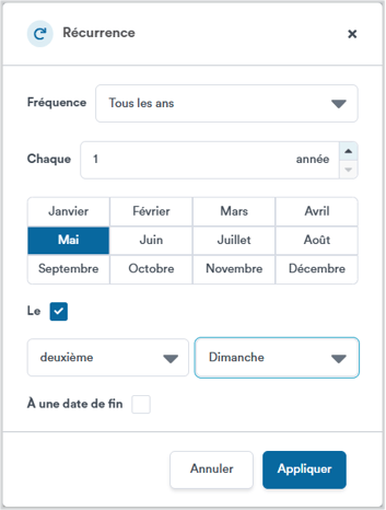 recurrance yearly mothers day